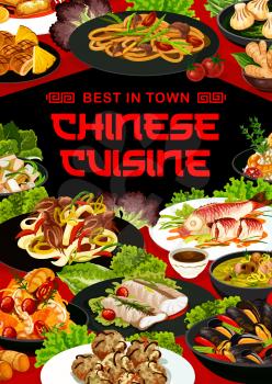 Chinese cuisine vector meals cod with ginger, chow mein and cashew chicken with cantonese steamed perch. Mushroom soup, dim sum, noodles with seafood, fried milk or pineapple cookies China food poster