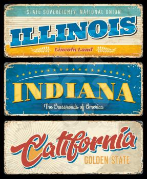 American states, Illinois, Indiana and California vintage vector banners, signs for travel destination. Retro grunge boards, antique worn signboards with typography, touristic landmarks plaques set