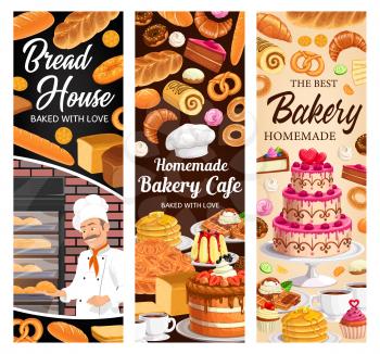 Desserts, cakes and bakery vector banners. Baker with bake bagels and buns, fresh baking sweet desserts donut, croissant and baguette, pretzel and cupcake with meringues. Baker shop bread and pastry