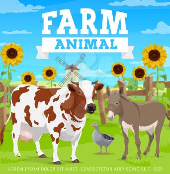 Farm animals, agriculture gardening and farming, cattle field, vector modern village field. Organic green farming, and dairy farmland, cow and donkey livestock at pasture with goose poultry
