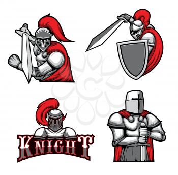Medieval knights, heraldic mascots, vector warriors with swords. Isolated guards with blade in armour and cape. Heraldry symbols of royal knight in helmet with red plumage, ancient soldier icons set