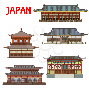Japanese temples, Japan buildings, pagoda houses architecture, vector Kyoto landmarks icons. Japanese Ninna-ji, Jisho-ji, Eikan-do and Zenrin-ji temple, Ginkaku-ji Silver Pavilion and Nanjen-ji shrine