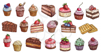 Cakes, cheesecakes and dessert sweets cupcakes sketch, vector icons. Bakery and pastry shop sweet chocolate cakes, hand drawn patisserie sweet dessert cheesecake, tiramisu, brownie and waffles