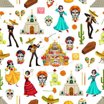 Day of Dead sugar skulls, marigolds and sombreros seamless pattern. Dia de los Muertos vector background of mariachi and flamenco dancer skeletons with guitars, altar and churches, maracas and tequila