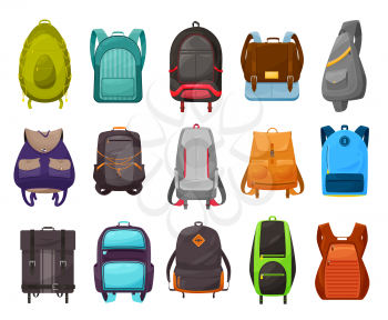 Boys school bag and backpack vector icons set. Isolated cartoon schoolbag, rucksack and knapsack of male students, education supplies with zipper pockets, buckles, swivel hooks and hanging loops