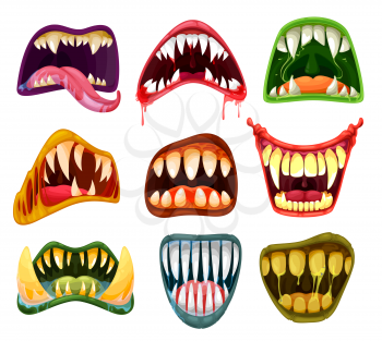 Monster mouths and teeth cartoon vector set of Halloween scary beasts. Horror smiles, crazy laugh, tongues, salvia, blood and fangs of creepy alien, vampire and devil, Dracula, demon and zombie