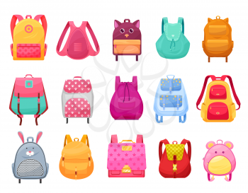 School bag and backpack for girls isolated cartoon icons set. Vector female student rucksacks and knapsacks with zipper pockets, animal faces, ears and paws, stars, flowers and shoulder straps