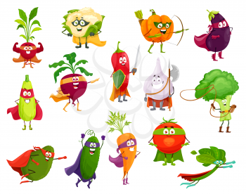 Vegetables super heroes, vector broccoli, squash and avocado, cauliflower and beetroot. Eggplant, chili pepper and pumpkin, spinach, carrot and tomato with cucumber, garlic and radish cartoon veggies