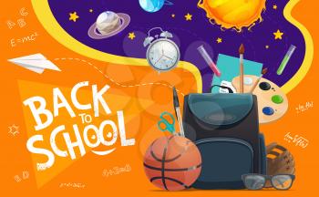 Schoolbag with student supplies, vector. Back to school and education. Student book, notebook and pen, paint, brush and scissors, chemical flasks, abc and maths formulas, glasses and planets