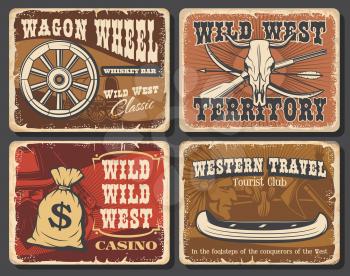 Wild West vector vintage posters. Western saloon, Texas robbers dollar money bag, whiskey bar and stagecoach wagon wheel. American longhorn bull skull and Indian tomahawk, bow and arrows vintage cards