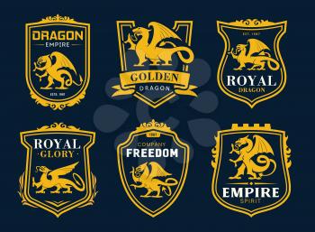 Griffin and dragon isolated heraldic vector icons. Yellow shields with armorial mythical animal silhouettes, ribbons and typography. Empire golden dragon and fantasy Griffon lion and eagle creature