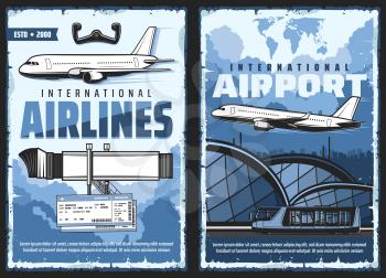 Air flight service and international airport retro posters. Vector vintage cards with airplane, jetway air gate, airport building and pilot helm, world map, flight ticket, aviation and travel