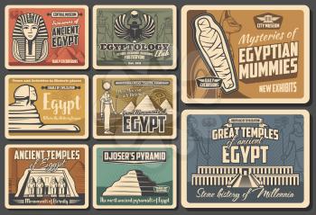 Ancient Egypt retro vector posters. Cairo pyramids travel, Egyptian mummies, Pharaoh mysteries. Egyptology exhibition and museum, god temples and monuments, vintage Egypt landmarks and sightseeing