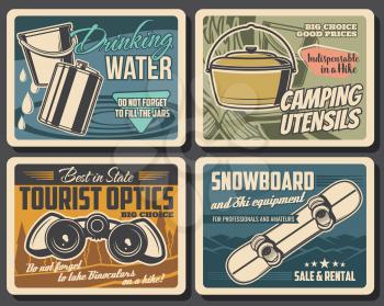 Travel camping and hiking equipment shop, vintage vector posters. Hiking, mountaineering outdoor camp travel utensil. Snowboard, binoculars, water jars and backpacking accessory