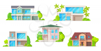 Houses, cottage and residential buildings, real estate vector icons. Cartoon exterior facades of family homes, houses or mansion apartments and villas, urban property. Isolated buildings