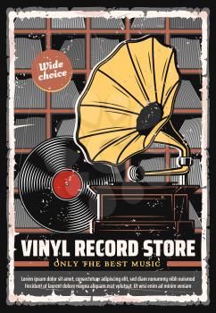 Vinyl records shop vector retro poster. Wide choice of vintage vinyl records and players music store, gramophone phonograph and musical disks on shelves. Old stereo albums and record player