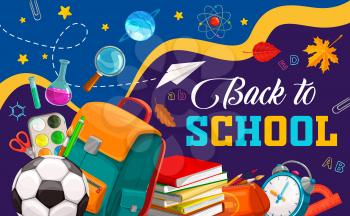 Back to school vector banner with education and student supplies. Books, pencils and school bag, ruler, paint, brush and scissors, pen, abc, chemical flask and magnifier, ball and alarm clock