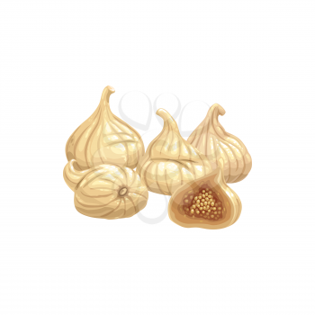 Figs dried fruits, dry food snacks and fruit sweets, vector isolated icon. Dried figs, fruity culinary and sweet dessert ingredient, vegetarian natural organic food