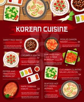 Korean food menu, Korea cuisine restaurant dishes and Asian meals, vector. Korean cuisine rice bowls, kimchi and soups in hot pot, traditional food meals and desserts, pepper and Korean dips