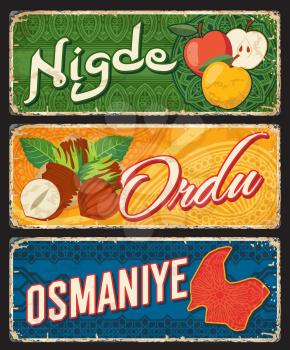 Nigde, Ordu and Osmaniye Turkey province vector plates or stickers. Turkish il provinces or districts signs or city tagline and luggage tags with travel landmarks