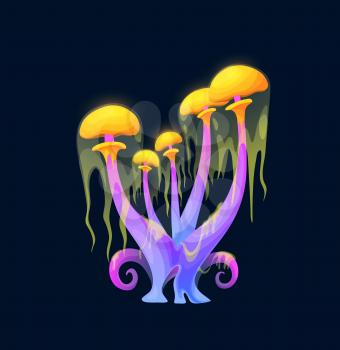 Fantasy magic jelly mushroom, flickering psychedelic vector fungus with purple stipe, curve pink outgrowths and yellow glowing caps with dripping green goo. Unusual fairy tale or alien planet plant