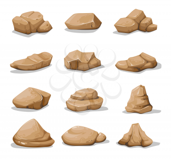 Cartoon brown rock stones and boulders, vector gravel and cobble. Rock stones or debris of rubble blocks, granite pebbles in piles and cracked mountain formation gravel pieces
