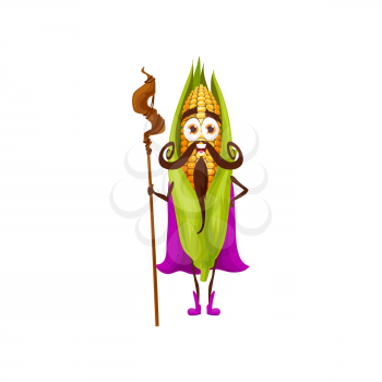 Corn cob vegetable wizard with magic crook in cape isolated cartoon character. Vector smiling emoticon fairy sorcerer, kids children farm garden food. Funny veggie with beard and mustaches on face