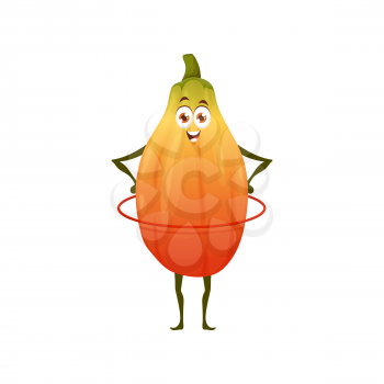 Cartoon papaya fruit character, funny pawpaw with hula hoop, vector icon. Papaya as kid food personage on fitness sport activity, tropical fruit emoticon for energy vitamins and fresh healthy juice