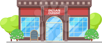Indian cuisine restaurant isolated exterior design. Vector building facade, menu template, trees
