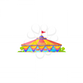 Chapito circus tent with striped roof and flag on top isolated building. Vector awning icon, facade of entertainment building with rees and vehicles. Entrance and billboard, amusement fair