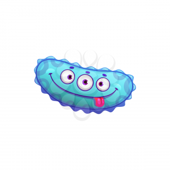 Oblong virus with three eyes, infection monster shoving tongue isolated blue cartoon bacteria. Vector bacteria mutant, scary dangerous germ, flu infection cell, antibiotic treatment bacterium