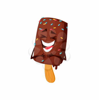 Laughing emoticon ice cream on stick covered by chocolate with color caramel sprinkles isolated funny cartoon character. Vector kawaii refreshing summer food, sugary popsicle ice-cream in cocoa glaze