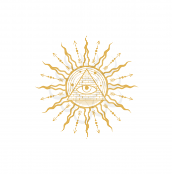 Occult esoteric symbol egyptian all-seeing eye inside of pyramid with solar system planets in sun with radiant rays. Vector spiritual magic emblem, isolated alchemy, wicca or pagan sign