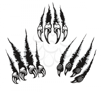 Monster claw mark scratches of dragon with long nails. Vector fingers tear through paper or wall surface. Beast paw sherds, wild animal rips, four talons traces break isolated on white background
