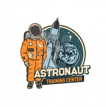 Astronaut training center icon. Spaceflight mission cosmonauts academy, galaxy exploration program vector retro emblem, icon or sticker with spaceman in helmet, shuttle rocketship and planet Earth