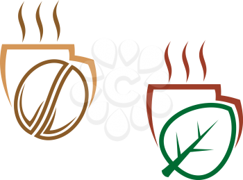 Stylized vectior illustration of two cups of steaming beverages, one with a coffee bean and one with a greenleaf