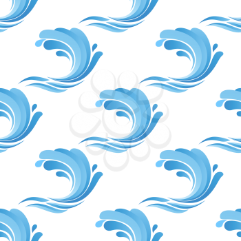 Seamless pattern of blue curling waves on a white background suitable for fabric or wallpaper in square format, vector illustration