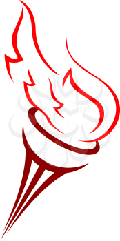 Cartoon illustration of an Olympic torch with a burning flame blowing in the wind in shades of red over a white background