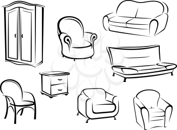 Collection of doodle sketches in black and white furniture designs showing a wardrobe, couch, sofa and various chairs
