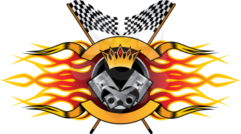 Motor racing championship icon for the champion with a winners crown and flames over a crossed pair of black and white checkered flags, colourful vector illustration