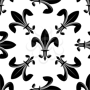 Seamless fleur de lys pattern in black and white with the motifs scattered in random orientations, square format suitable for tiles, wallpaper and fabric