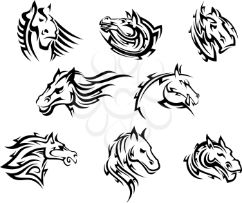 Collection of eight different horse tribal  tattoos designs in black and white