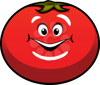 Cute fat ripe red juicy cartoon tomato vegetable with a happy smiling face for vegetarian food concept design, isolated on white
