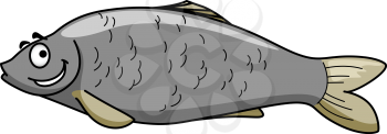 Side view of a funny grey cartoon fish character with a happy smile and eyebrows isolated on white