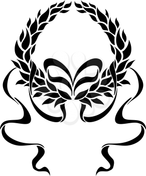 Foliate laurel wreath with long trailing ribbons in a symmetrical pattern enclosing blank white copyspace, black and white silhouette