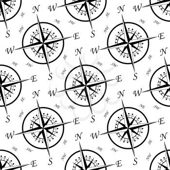 Black and white vintage compass seamless pattern with a star design and angled repeat motif with the points of the compass on a circular base