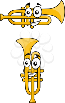 Two variations of a brass cartoon trumpet with a happy smiley face, one vertical and one horizontal, for music design