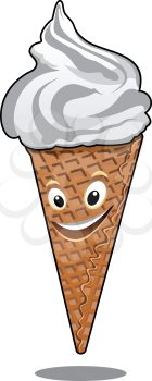 Cartoon vanilla ice cream cone with a happy smiling face and twirled icecream for dessert food design