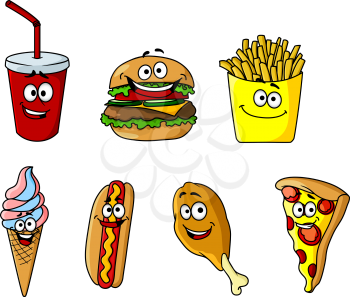 Set of happy cartoon takeaway food icons with a soda, cheeseburger, french fries, ice cream, hotdog, chicken wing and pizza for fastfood design