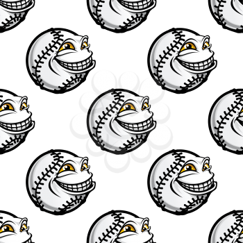 Funny cartoon baseball ball with a goofy face and toothy grin and smiling eyes in a seamless background sporting pattern